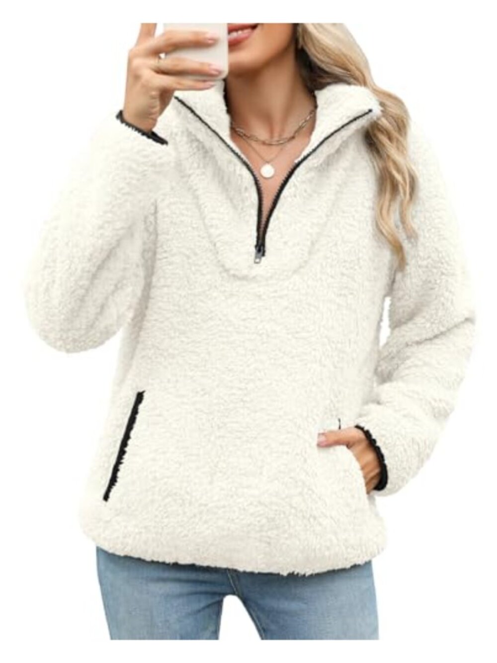 Fleece Sweatshirt Women Winter Warm Half Zip Fuzzy Sherpa Pullover Loose